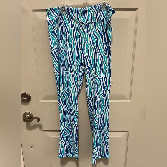Lulu-B Blue and Green Zebra Print Elastic Waist Stretch Pants sz L - Picture 1 of 8
